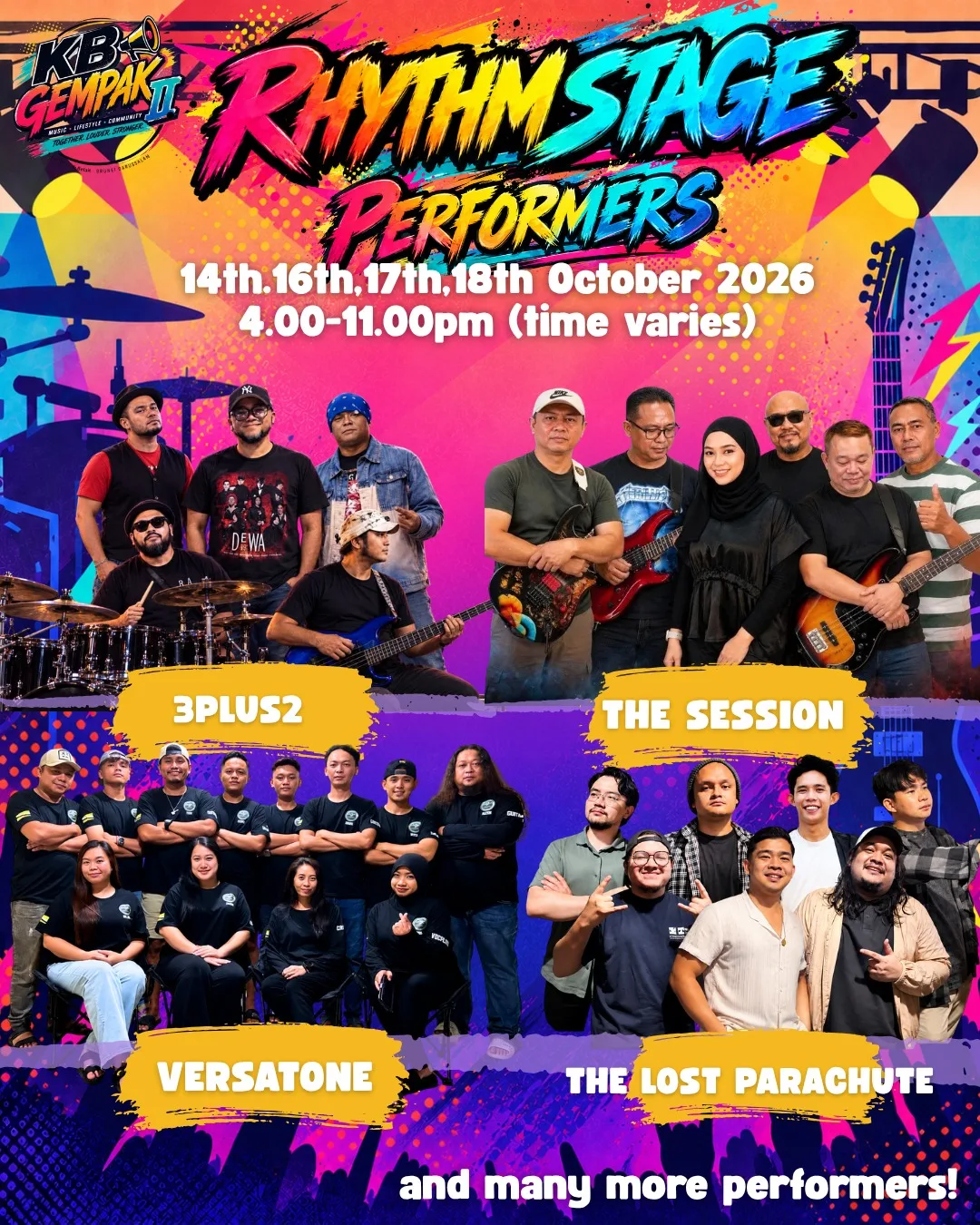 Get ready for amazing vibes across multiple dates (14th, 16th, 17th, 18th October 2026 from 4:00 PM - 11:00 PM, time varies) featuring an incredible lineup and many more performers!   🎶 3PLUS2 🔥 The Session ✨ Versatone 🎤 The Lost Parachute ...and many more!